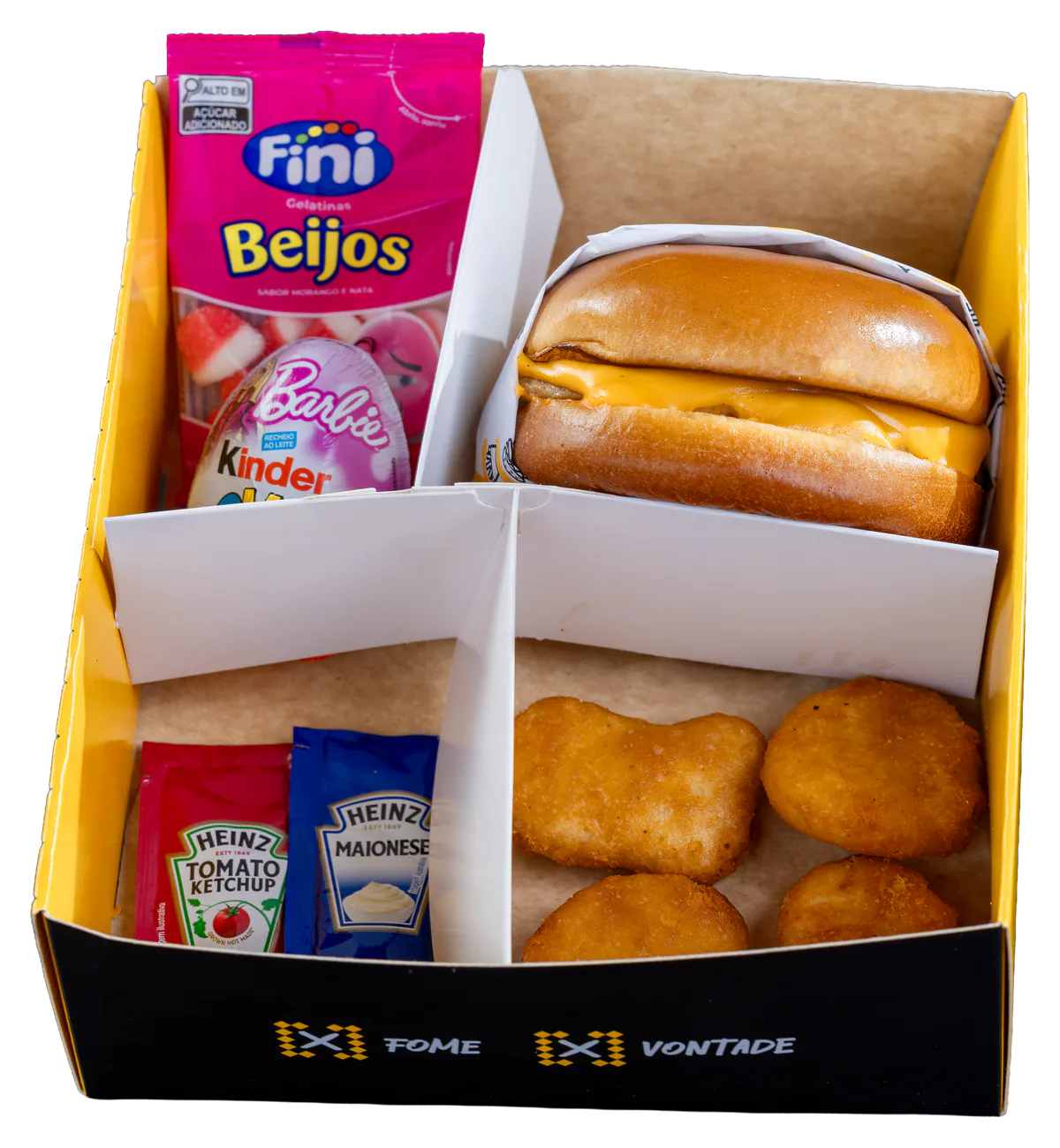 Box preta do BRT com hambúrguer, porção, doces e sachês em divisórias