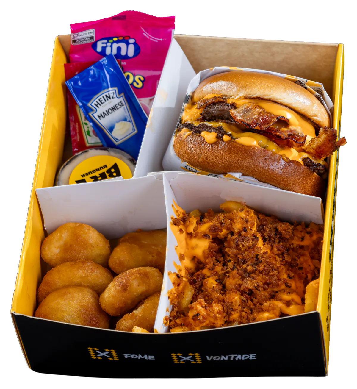Box preta do BRT com hambúrguer, batata, porção e sachês
